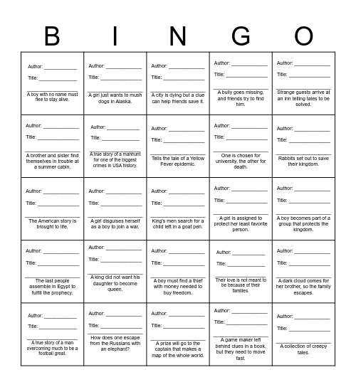 7th Grade Book Bingo Card