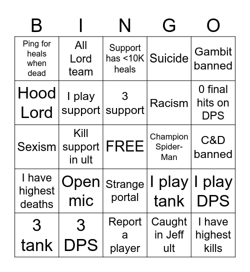 Rivals Bingo Card