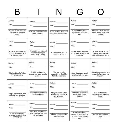 7th Grade Book Bingo Card