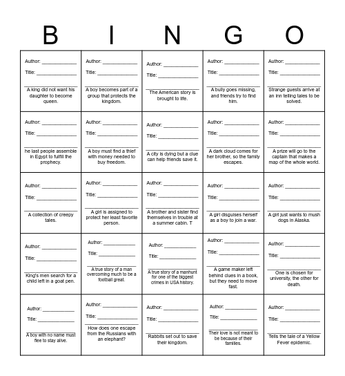 7th Grade Book Bingo Card