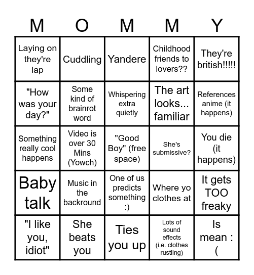 Mommy asmr Bingo Card