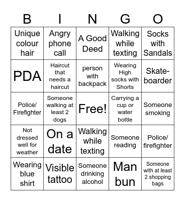People Watching Bingo Card