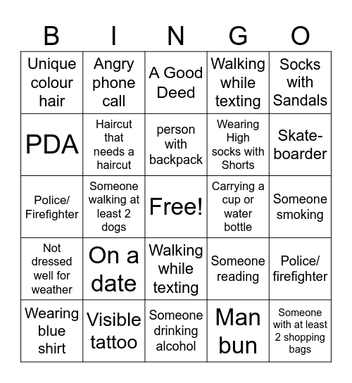 People Watching Bingo Card