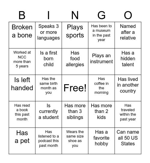 Employee Bingo Card