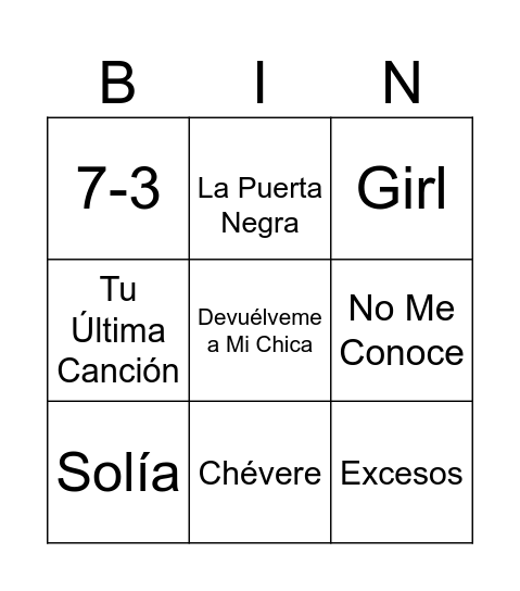 Song Bingo Card