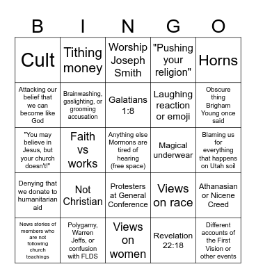 Anti-Mormon Bingo Card