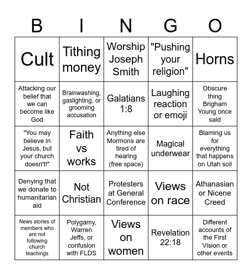 Anti-Mormon Bingo Card