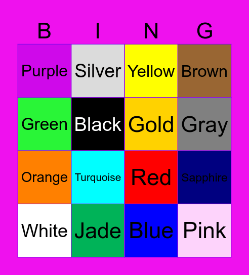 Colors Name Bingo Card