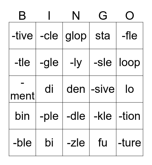 Syllable Cards Bingo Card