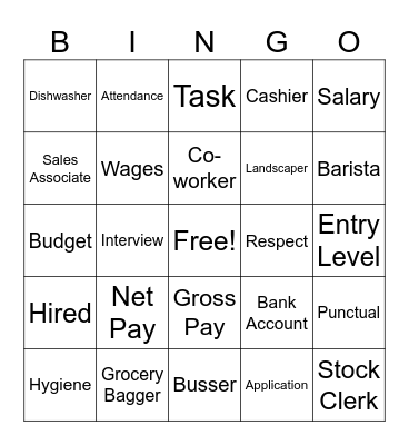 Vocational Bingo Card