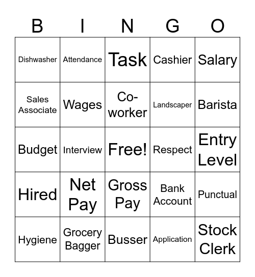 Vocational Bingo Card