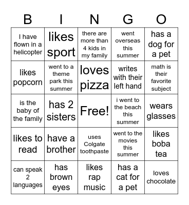 Get to know my PC class Bingo Card