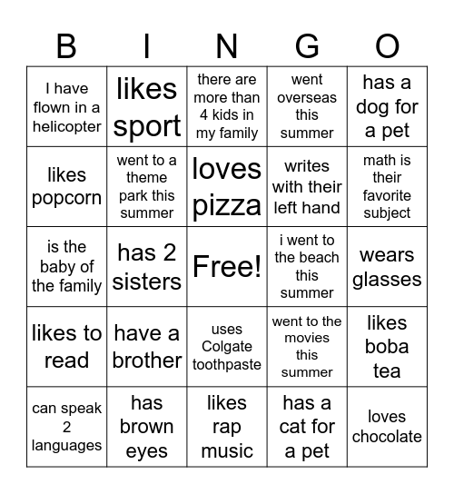 Get to know my PC class Bingo Card