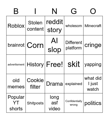 YT short bingo Card