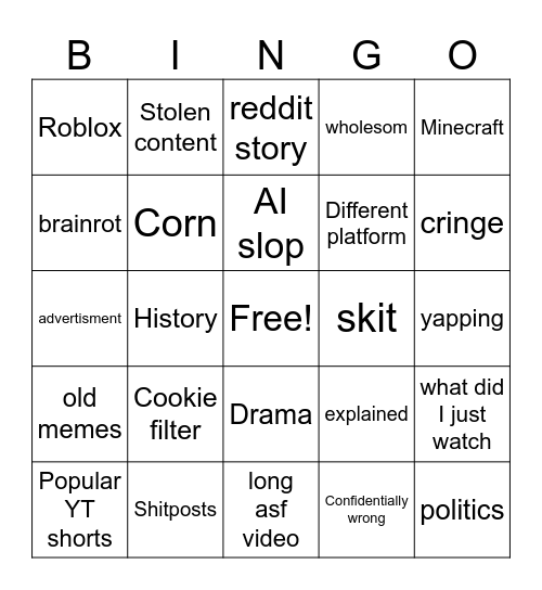 YT short bingo Card