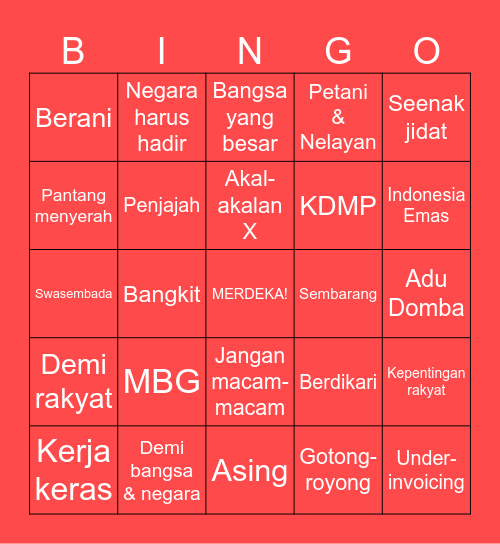 Pidato Kenegaraan Bingo Card