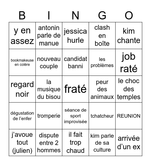 bingo des marseillais en thaïlande Bingo Card