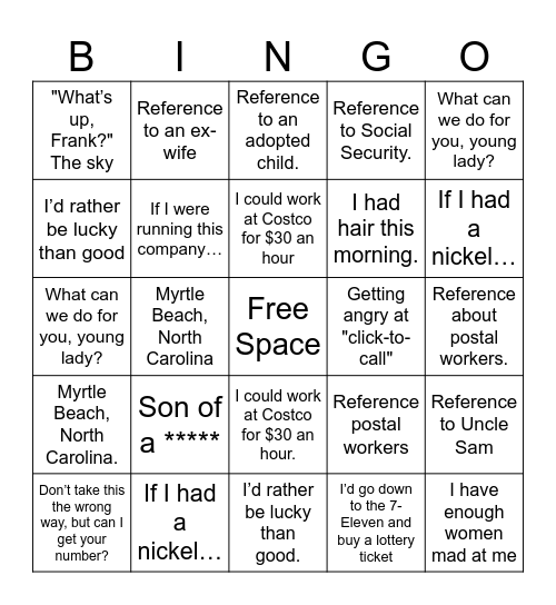 Frank Bingo Card