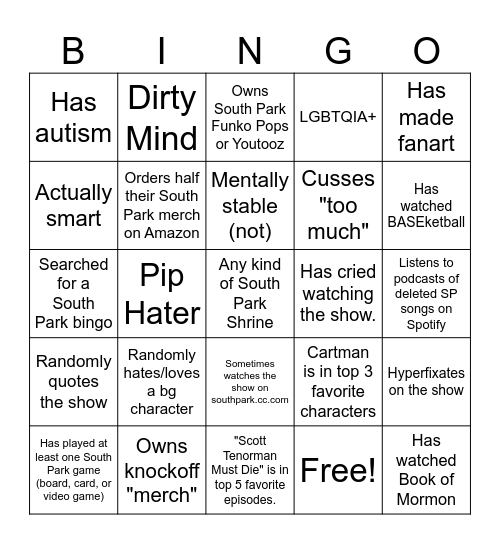 South Park Bingo Card