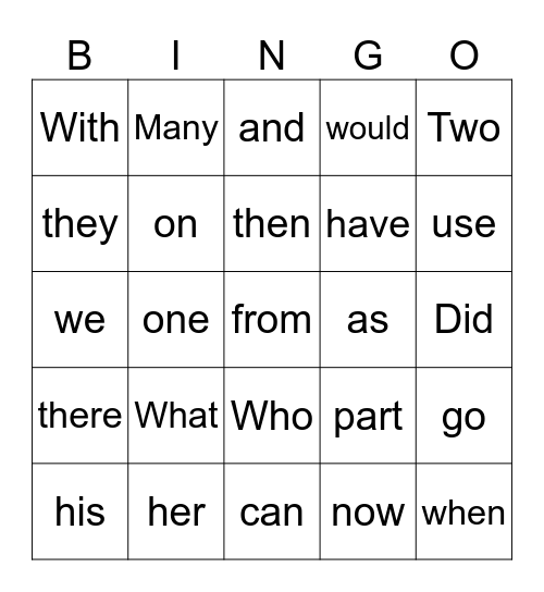 Sight Word Bingo Card