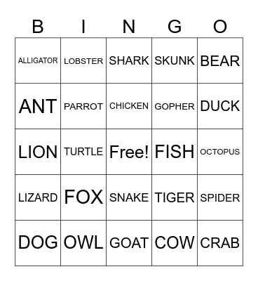 ANIMALS Bingo Card