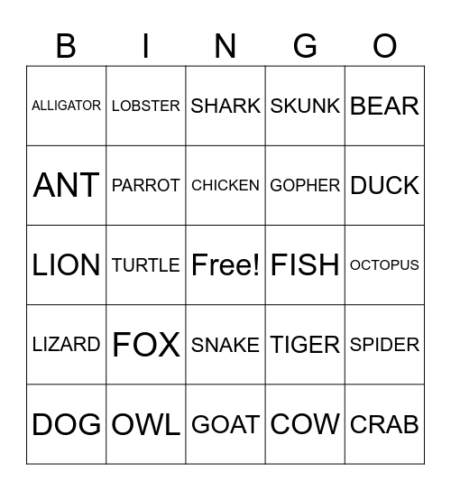 ANIMALS Bingo Card