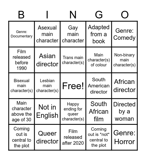 QueerUS Movie Night Bingo Card