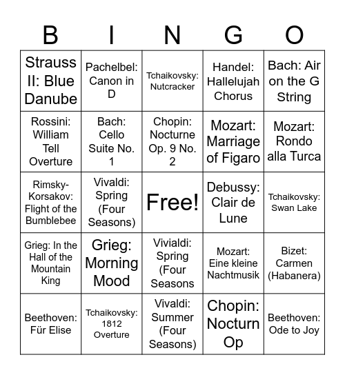 Classical Music Bingo Card