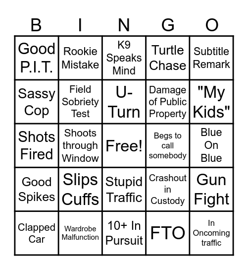 Police Chase Bingo Card