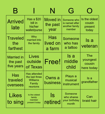 2026 Williams Family Reunion Bingo Card