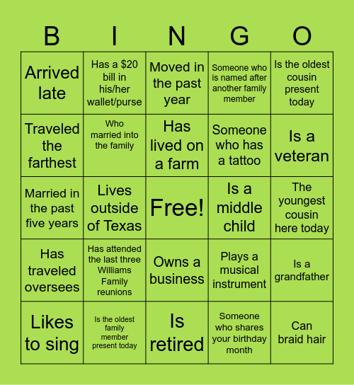 2026 Williams Family Reunion Bingo Card