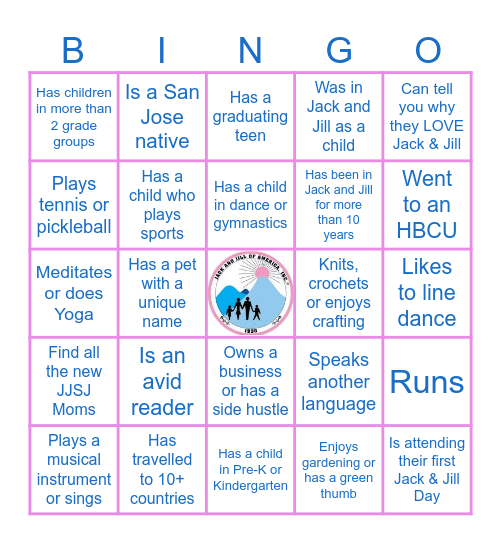 JJSJ MOMS - FIND SOMEONE WHO... Bingo Card