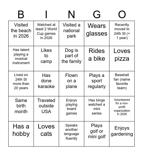 24th St Neighbor Bingo Card