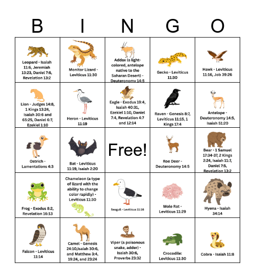 Bible Animal Spotter Bingo Card