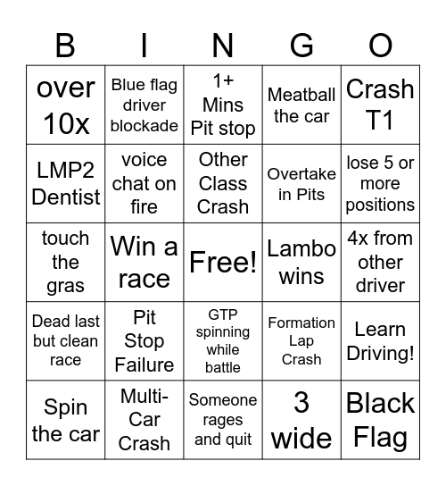 iRacing Bingo Card
