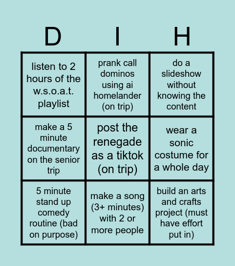 Punishment Board Bingo Card