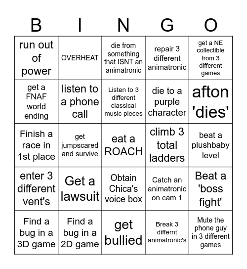 FNAF Franchise Bingo: 2v2 Bingo Card