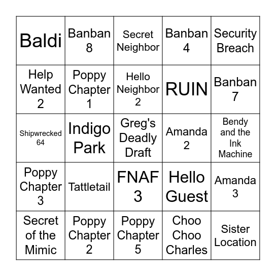 Mascot Horror Game Jumpscare Race Bingo Card
