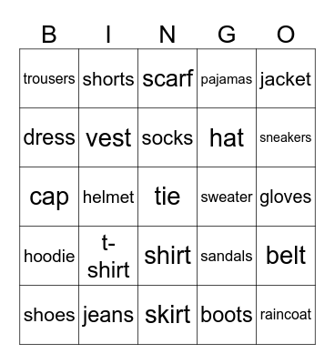 Clothes Bingo Card