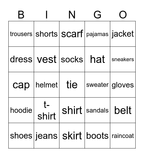 Clothes Bingo Card