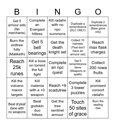 Elden ring Bingo Card