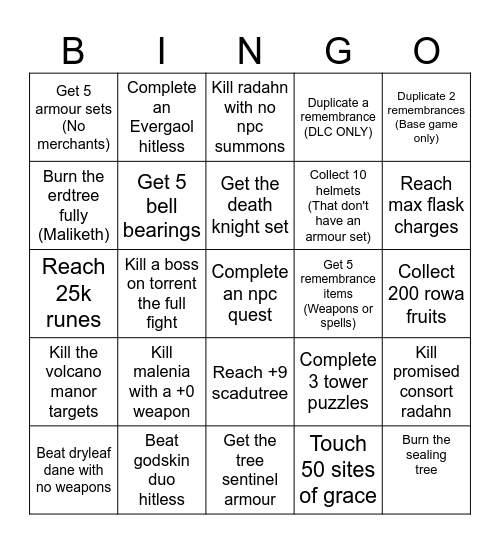 Elden ring Bingo Card