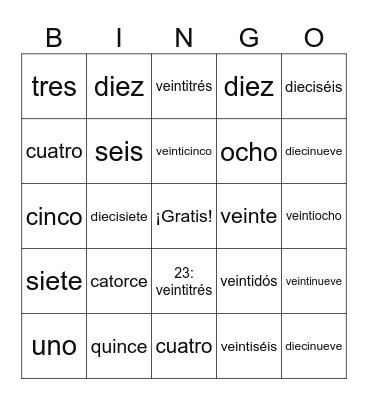 Spanish Numbers 0-30 Bingo Card