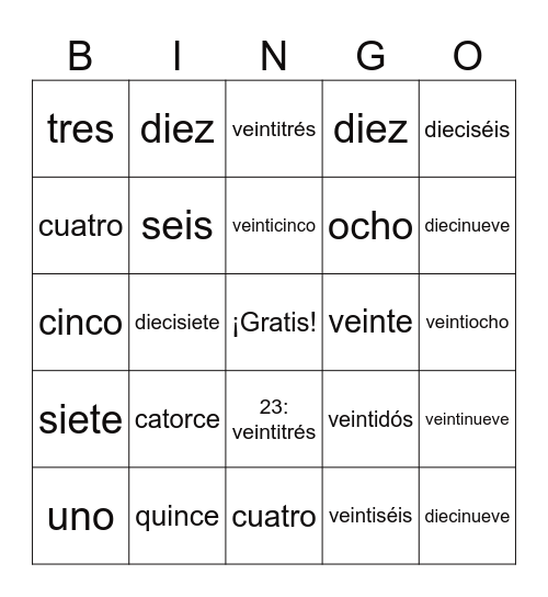 Spanish Numbers 0-30 Bingo Card