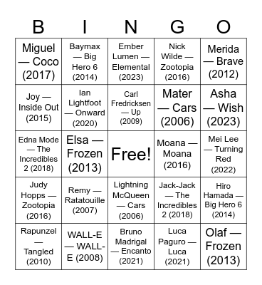Disney/Pixar Bingo Card