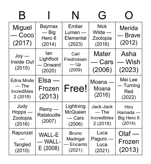 Disney/Pixar Bingo Card