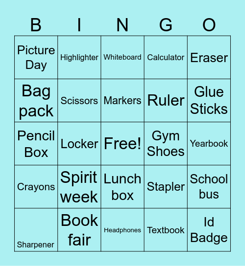 Back to school Bingo Card
