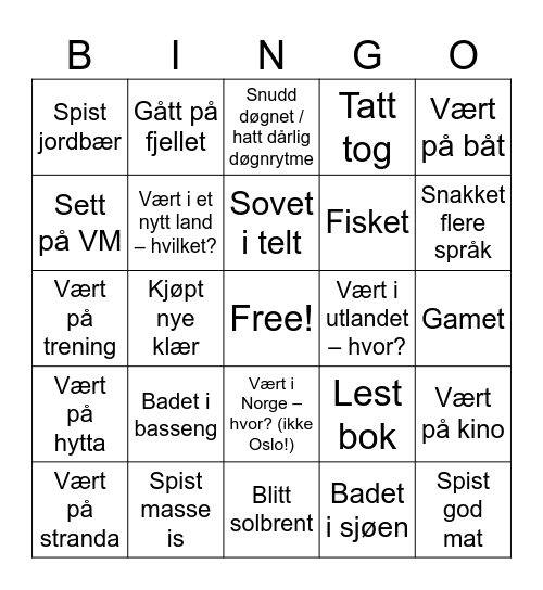 Sommerferiebingo Card