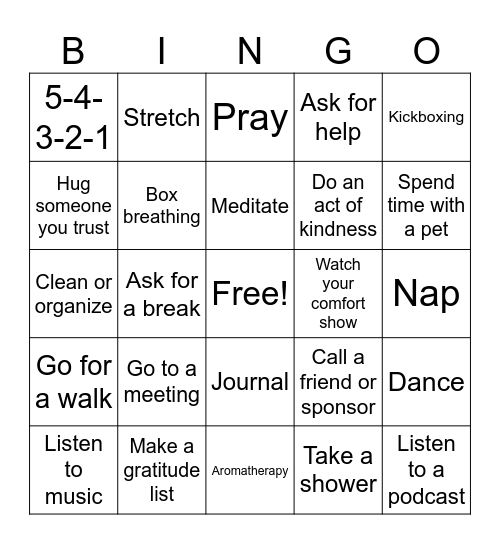 Coping Skills Bingo Card