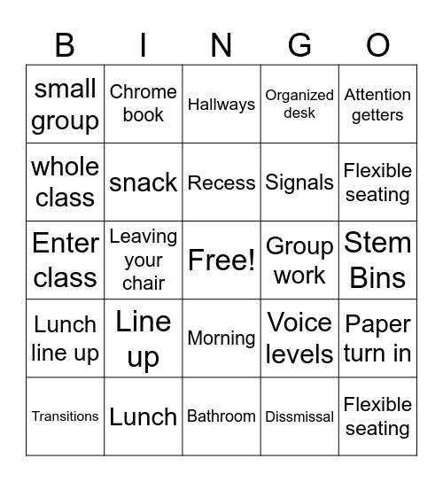 Routines Bingo Card